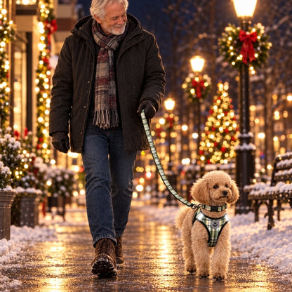 Harnais chien petite taille homme promenant son compagnon dans une rue illuminée