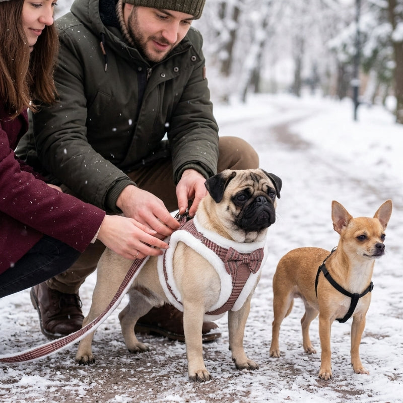 Harnais chien petite taille marron ajustement sur un carlin avec un chihuahua dans la neige