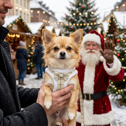 Harnais chien petite taille marron chihuahua dans les bras d un homme à Noël