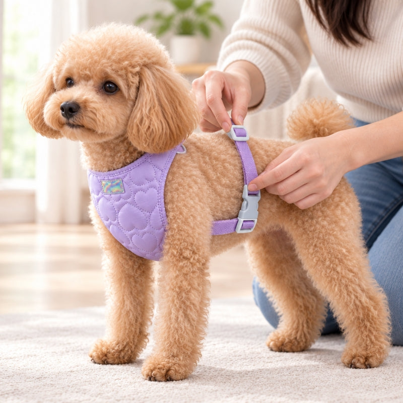 Harnais chien petite taille mauve caniche avec dos dégagé et sangle réglable ajustée par une femme dans le salon