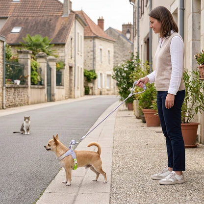 Harnais chien petite taille mauve propriétaire retenant un chihuahua en laisse face à un chat