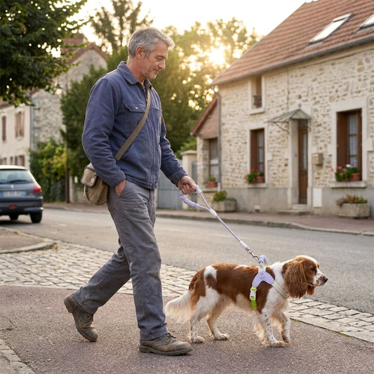 Harnais chien petite taille mauve travailleur rentrant chez lui avec son petit épagneul en laisse