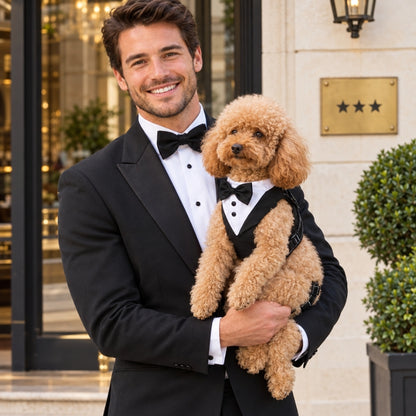 Harnais chien petite taille noir caniche dans les bras du majordome devant un hôtel