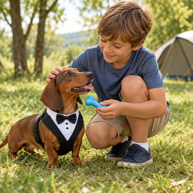 Harnais chien petite taille noir enfant caressant un teckel et lui présentant un jouet