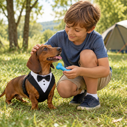 Harnais chien petite taille noir enfant caressant un teckel et lui présentant un jouet
