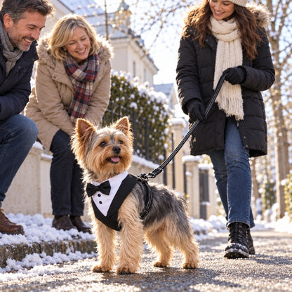 Harnais chien petite taille noir yorkshire entouré de personnes souriantes dans une rue enneigée