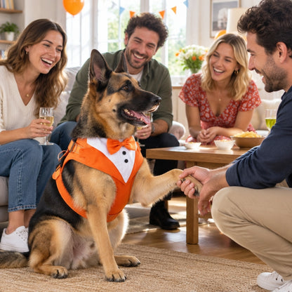 Harnais chien petite taille orange berger allemand donnant la patte devant quatre invités amusés