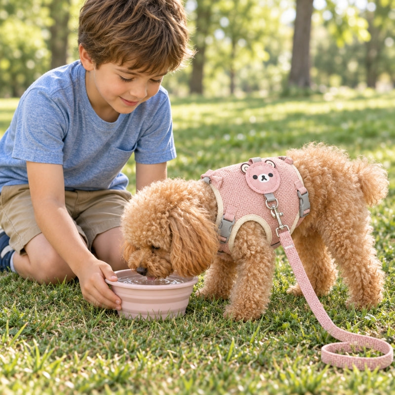 Harnais chien petite taille rose à motif ourson caniche abricot buvant dans une gamelle près du garçon à genoux