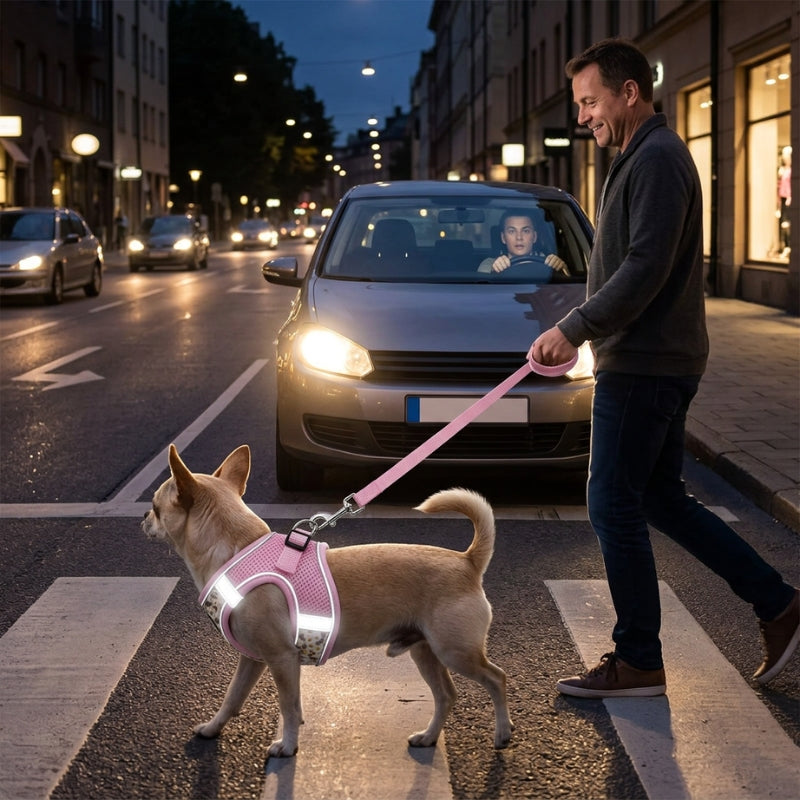 Harnais chien petite taille rose chien et propriétaire au passage piéton devant une voiture arrêtée