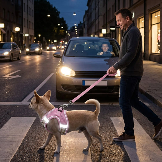 Harnais chien petite taille rose chien et propriétaire au passage piéton devant une voiture arrêtée