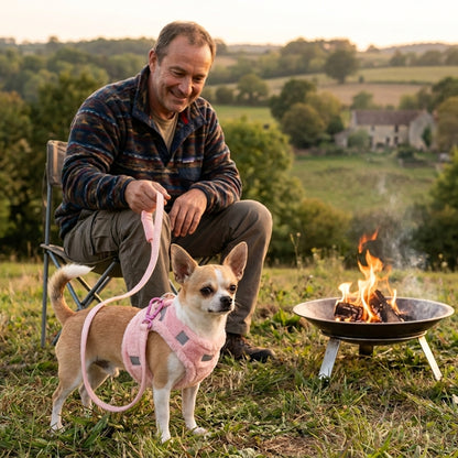 Harnais chien petite taille rose chihuahua près d un homme et d un feu de camp