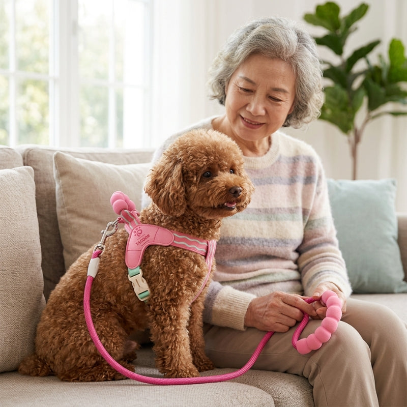 Harnais chien petite taille rose femme assise sur un fauteuil avec son chien à côté