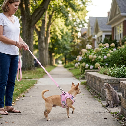Harnais chien petite taille rose femme retenant un chihuahua en laisse face à un chat
