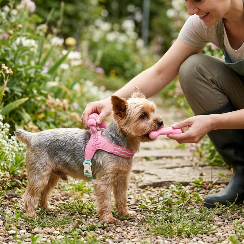 Harnais chien petite taille rose femme tenant la poignée dorsale du yorkshire et offrant un jouet