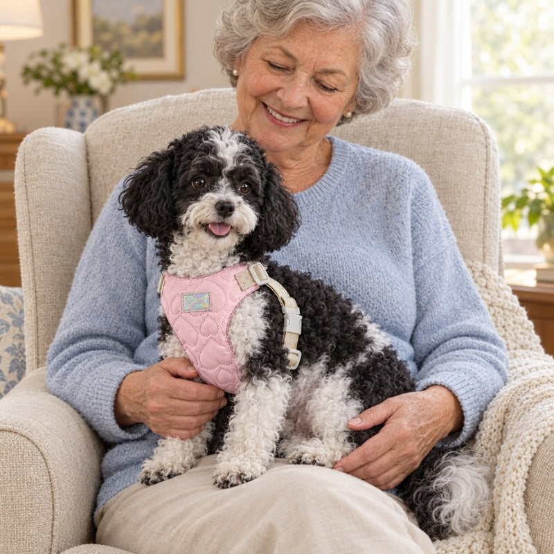 Harnais chien petite taille rose matelassé à cœurs caniche noir et blanc sur les genoux de grand mère dans un fauteuil