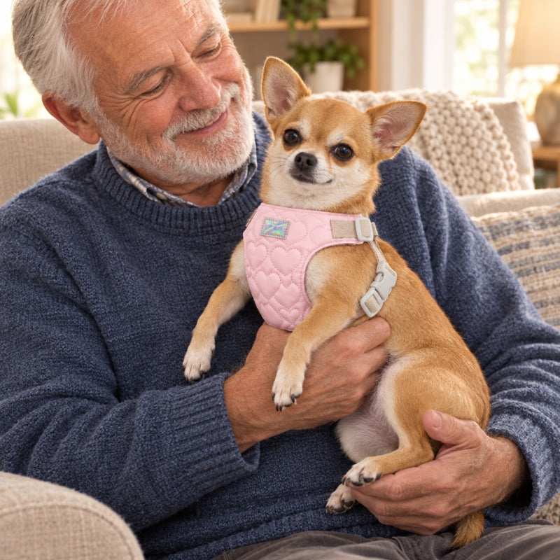 Harnais chien petite taille rose matelassé à cœurs chihuahua dans les bras de son grand père assis dans un fauteuil