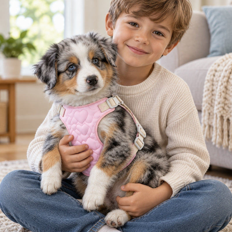Harnais chien petite taille rose matelassé à cœurs chiot berger australien sur les genoux du garçon assis dans le salon