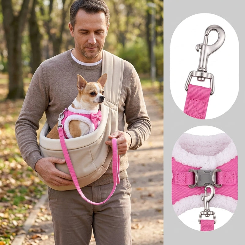 Harnais chien petite taille rose sur un chihuahua en sac à bandoulière avec un homme et deux gros plans des attaches