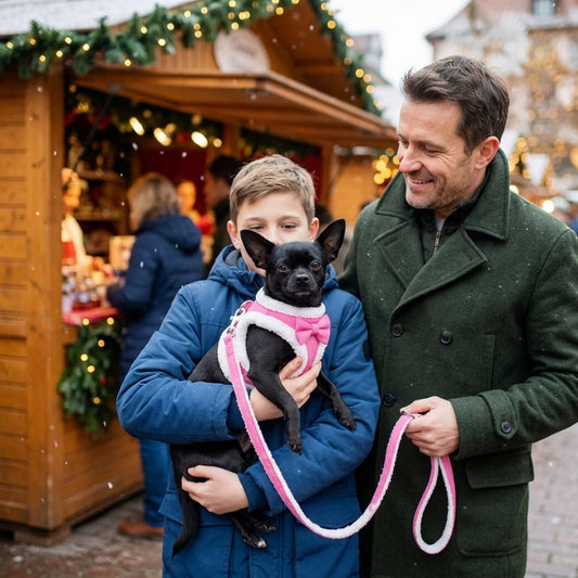 Harnais chien petite taille rose sur un chihuahua noir porté par un garçon près de son père au marché de Noël