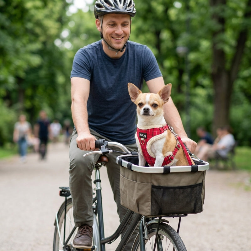 Harnais chien petite taille rouge chihuahua dans le panier avant du vélo d un homme