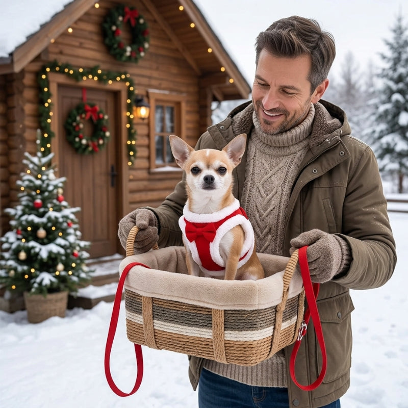 Harnais chien petite taille rouge sur un chihuahua dans un panier tenu par un homme devant un chalet décoré pour Noël