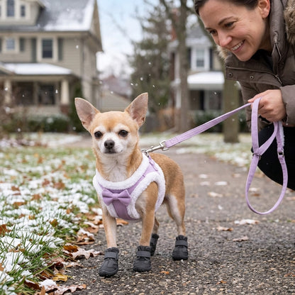 Harnais chien petite taille rouge sur un chihuahua près de deux hommes dont un porte un chien blanc en ville