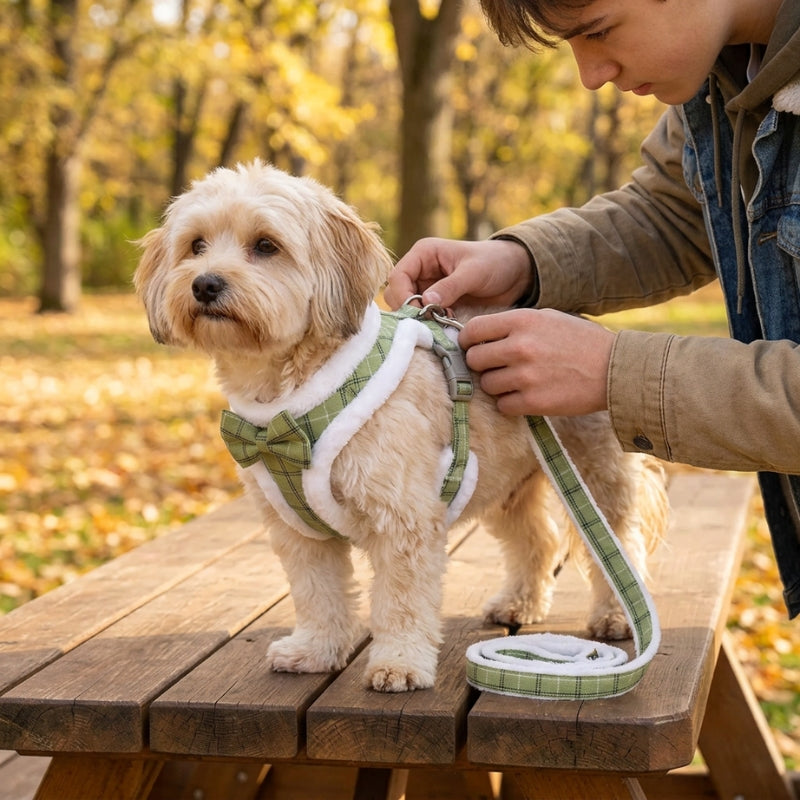 Harnais chien petite taille vert ajustement sur un chien sur une table en automne