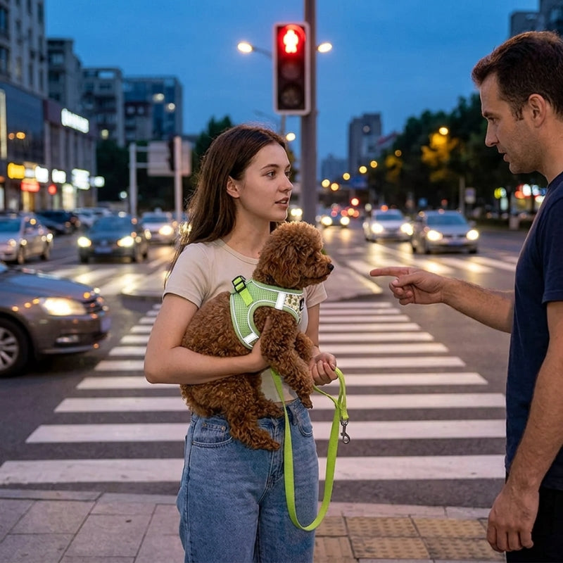 Harnais chien petite taille vert caniche dans les bras une femme discutant avec un passant