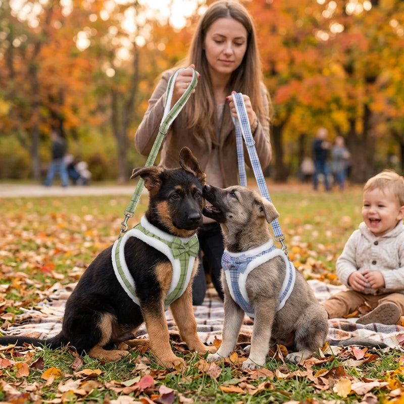 Harnais chien petite taille vert et bleu deux chiots avec une femme et un enfant