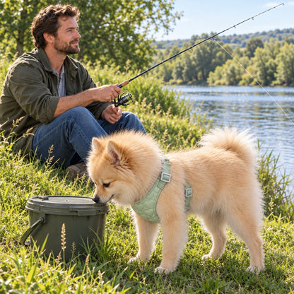 Harnais chien petite taille vert menthe spitz reniflant un contenant à poissons près du pêcheur au bord de la rivière