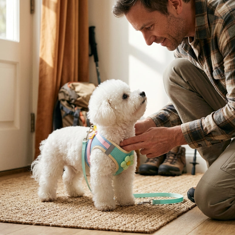 Harnais chien petite taille vert menthe sur un bichon dont un homme vérifie l'ajustement dans l'entrée