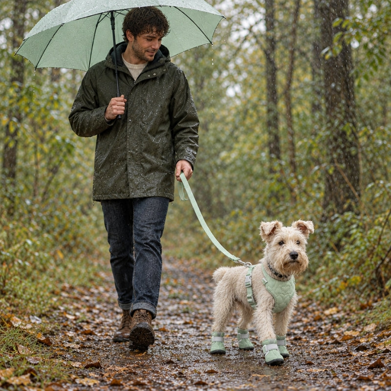 Harnais chien petite taille vert menthe terrier en bottes près de son maître au parapluie sur un sentier boueux sous la pluie