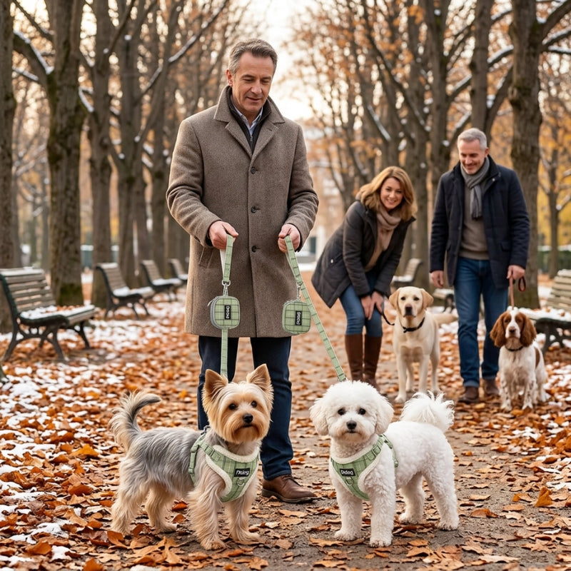 Harnais chien petite taille vert yorkshire et bichon avec des propriétaires au parc