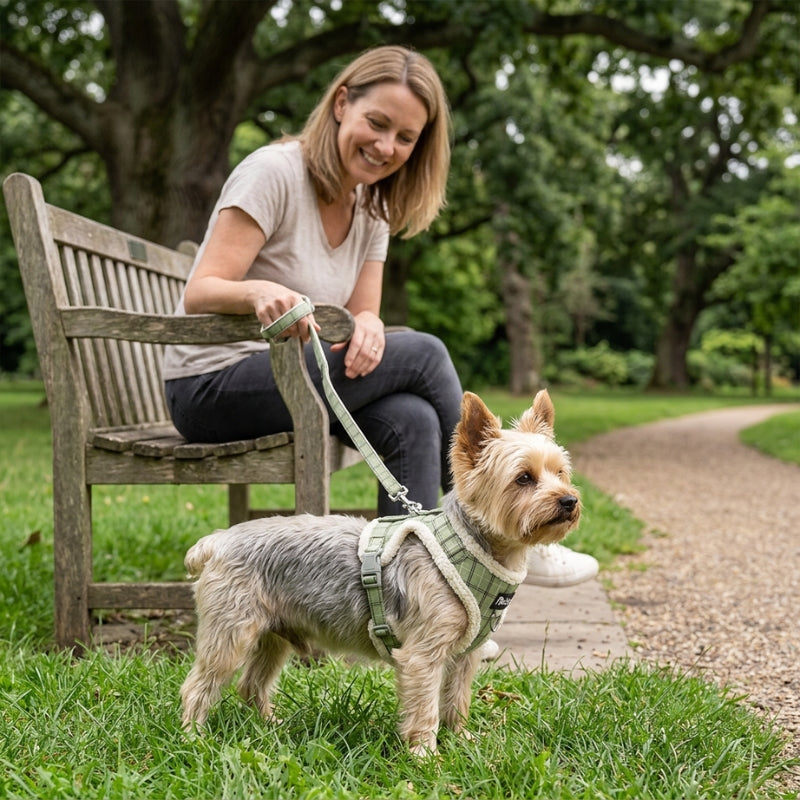 Harnais chien petite taille vert yorkshire près d une femme assise sur un banc au parc