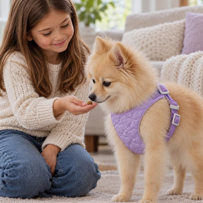Harnais chien petite taille violet matelassé à cœurs fillette tendant une friandise à un spitz allemand dans le salon