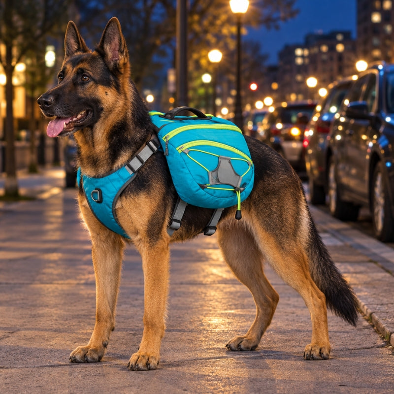 Harnais chien randonnée berger allemand sacoches bleues sur un trottoir la nuit