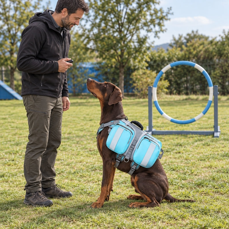 Harnais chien randonnée bleu doberman attendant devant un cerceau