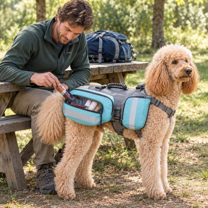 Harnais chien randonnée bleu homme sortant une barre de sacoche
