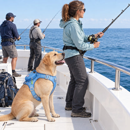 Harnais chien randonnée bleu labrador près d’une pêcheuse en mer