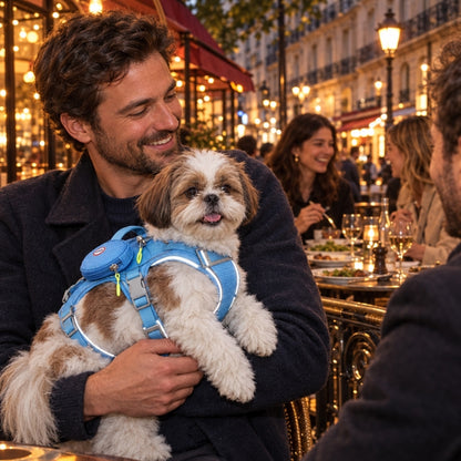 Harnais chien randonnée bleu petit chien porté devant terrasse éclairée