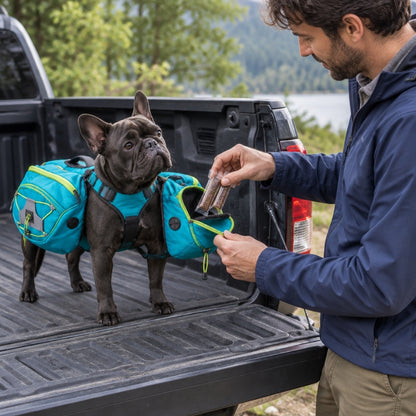 Harnais chien randonnée bouledogue dans la benne Robert remplit la sacoche bleue
