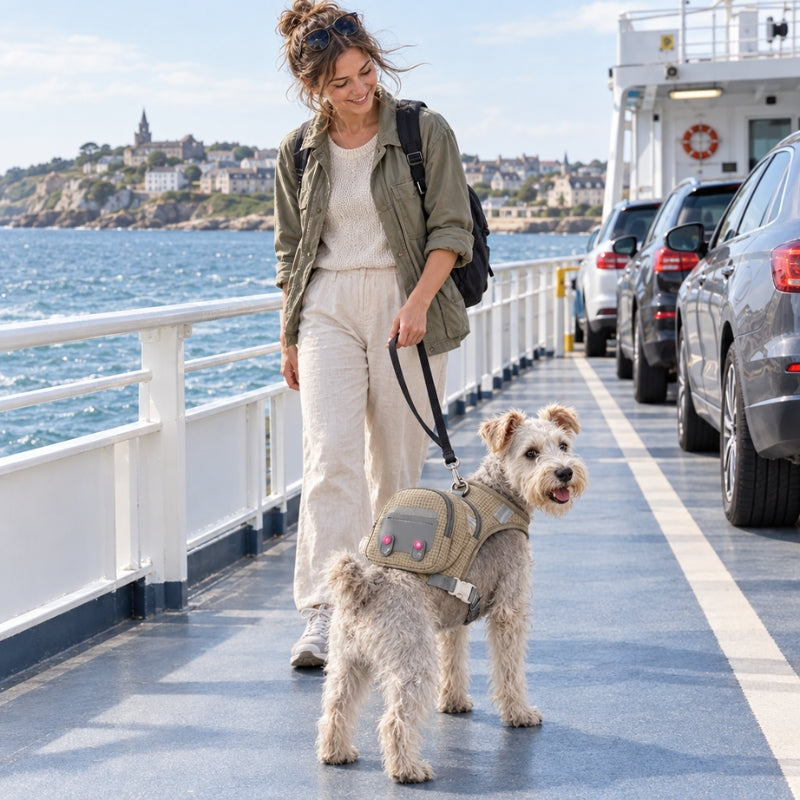 harnais chien randonnée café chien avec une femme sur traversier