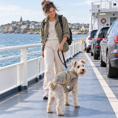harnais chien randonnée café chien avec une femme sur traversier