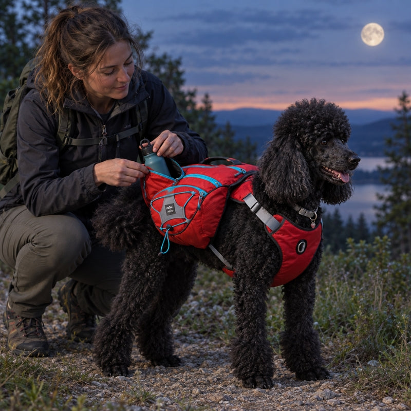 Harnais chien randonnée caniche noir Julie range une gourde dans la sacoche