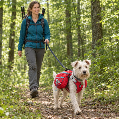 Harnais chien randonnée chien blanc sacoches rouges Julie marche en forêt derrière