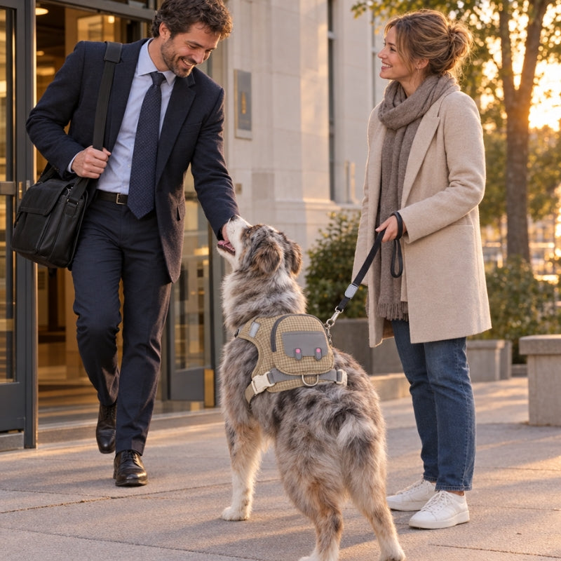harnais chien randonnée chien avec un couple devant bâtiment municipal