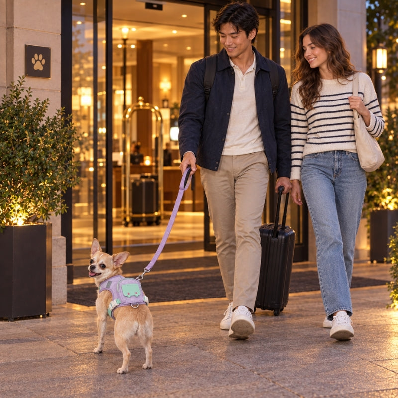 harnais chien randonnée chihuahua avec un couple devant un hôtel