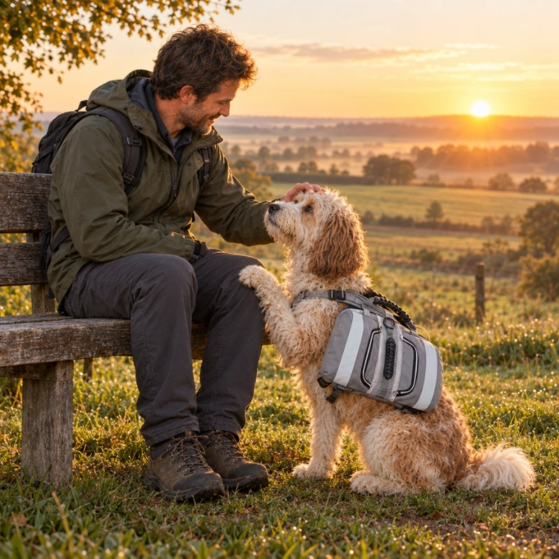 Harnais chien randonnée gris chien près d’un homme au soleil