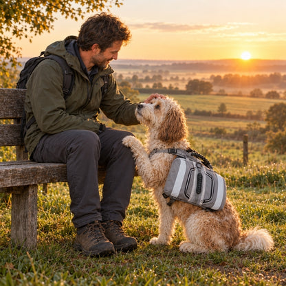 Harnais chien randonnée gris chien près d’un homme au soleil
