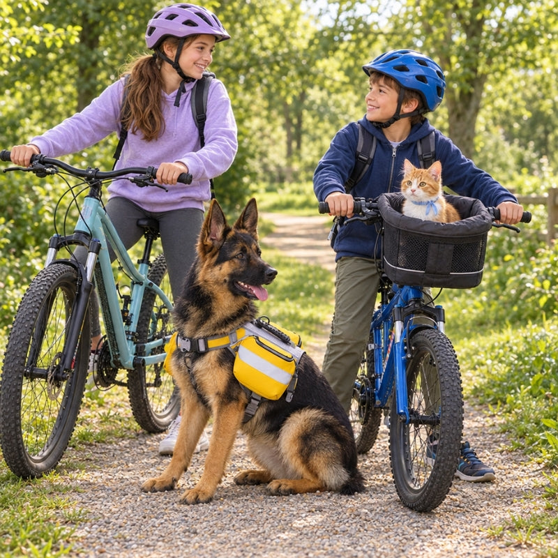 Harnais chien randonnée jaune berger allemand près d’enfants à vélo